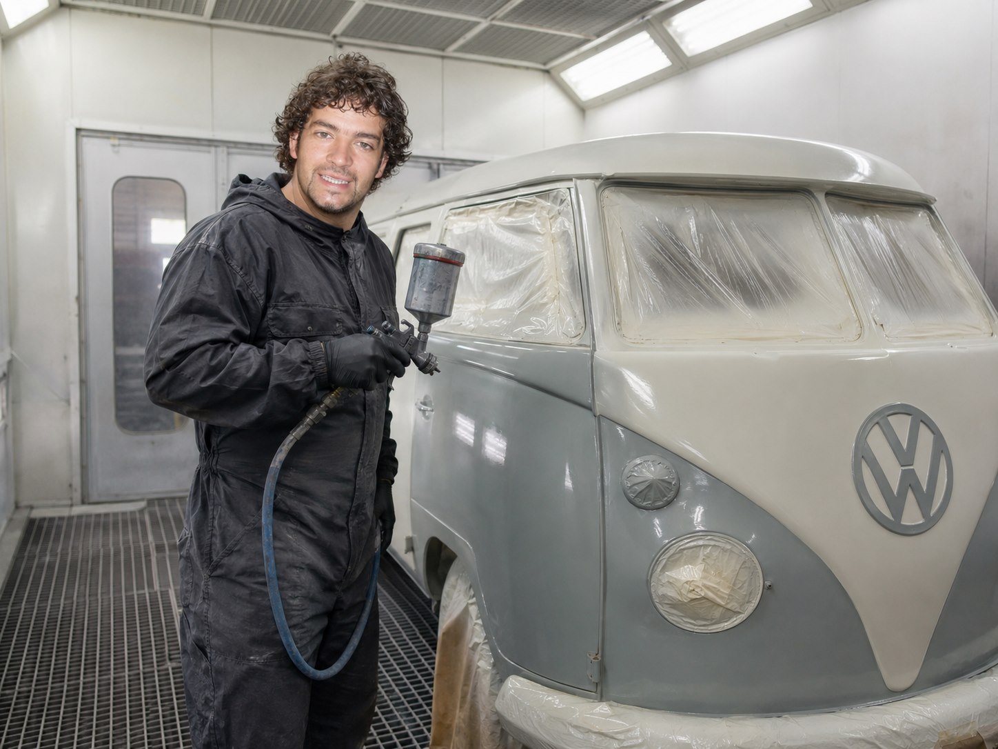 Gareth spraying a classic VW in the booth at GBR Paintwork