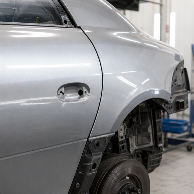 Repaired silver vehicle body panel aligned in a workshop