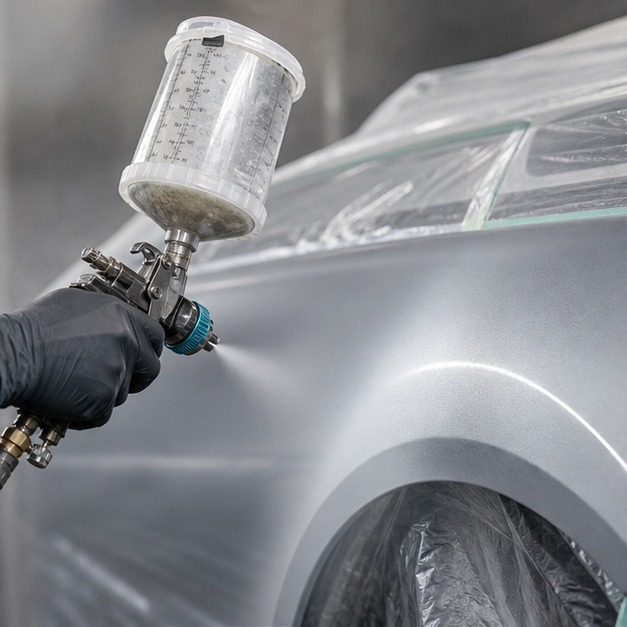 Paint gun refinishing a silver vehicle panel