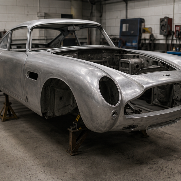 Classic car shell in bare metal during restoration